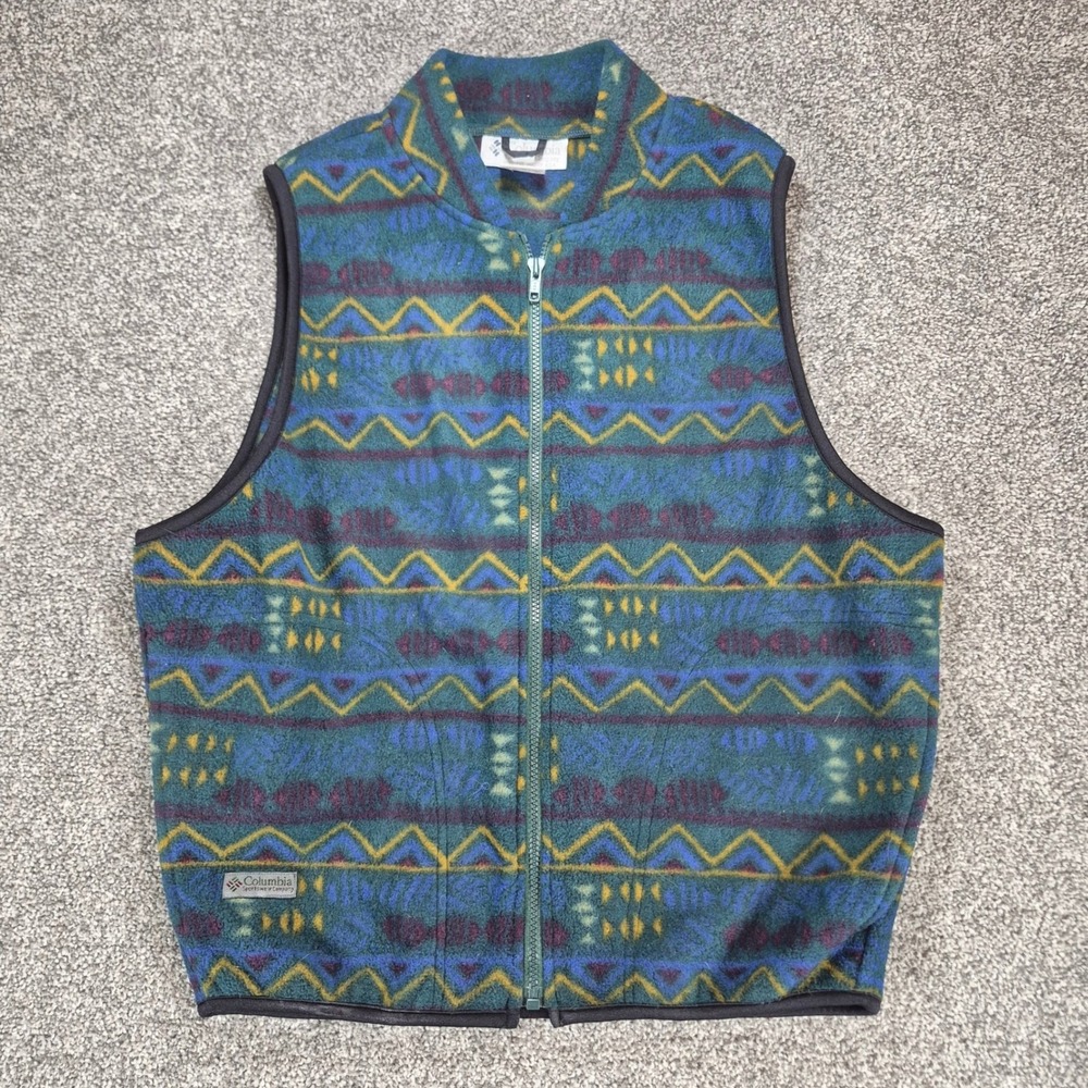Columbia Aztec Fleece Vest Mens Medium 90s‎ Teal Geometric Full Zip
